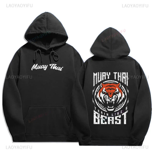 Muay Thai Hoodie – MMA Fighter Sweatshirt with Tiger Tattoo Graphic, Thailand Style