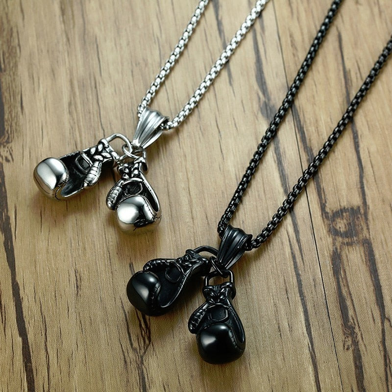 Men's Double Boxing Gloves Pendant Necklace for Men Stainless Steel UFC MMA Martial Arts Male Jewelry in Black Silver Tone 20"