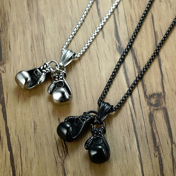 Men's Double Boxing Gloves Pendant Necklace for Men Stainless Steel UFC MMA Martial Arts Male Jewelry in Black Silver Tone 20"